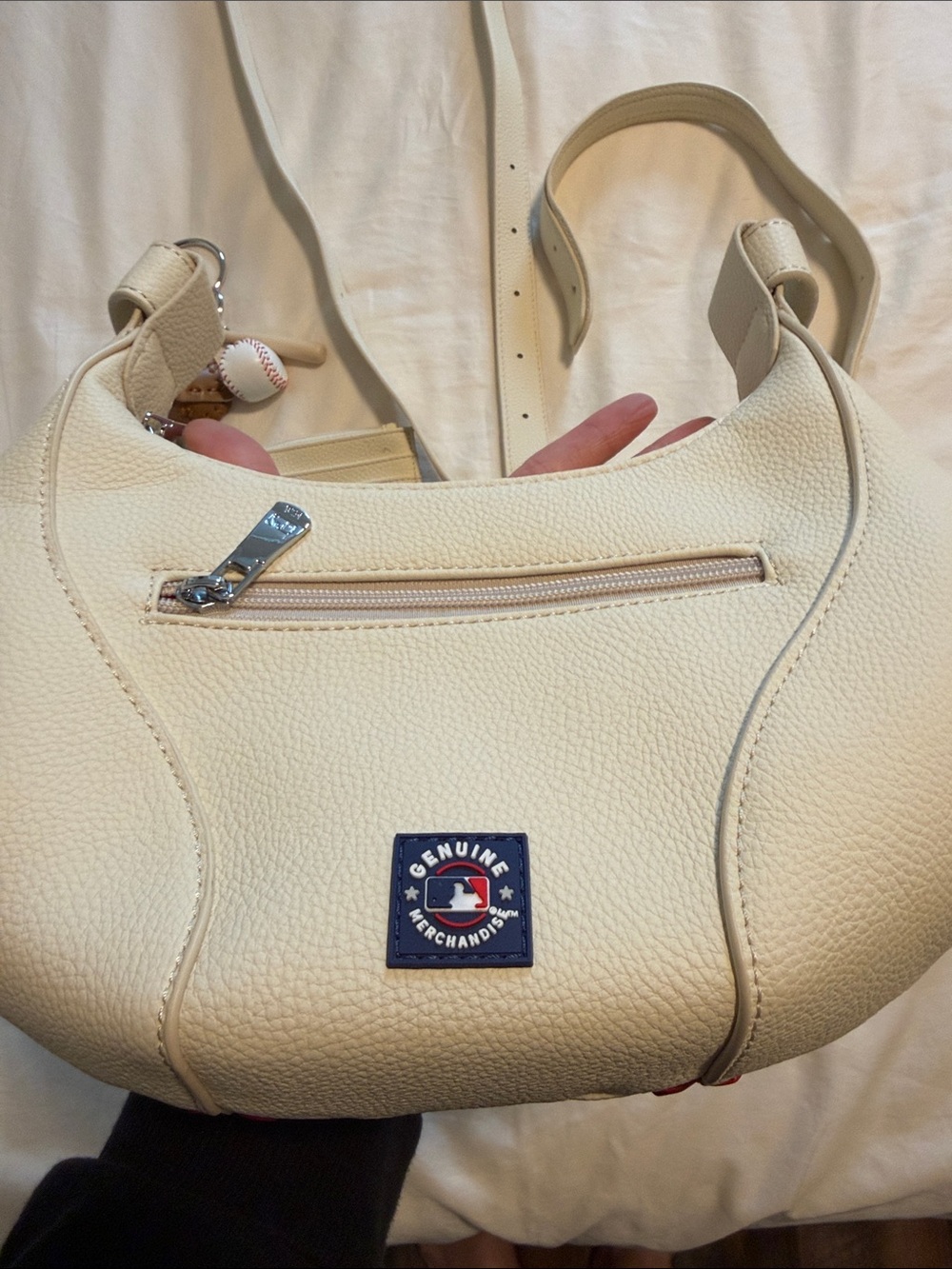 San Francisco Baseball Stitch Hobo Bag in Cream with Red Stitching - Picture 5 of 11